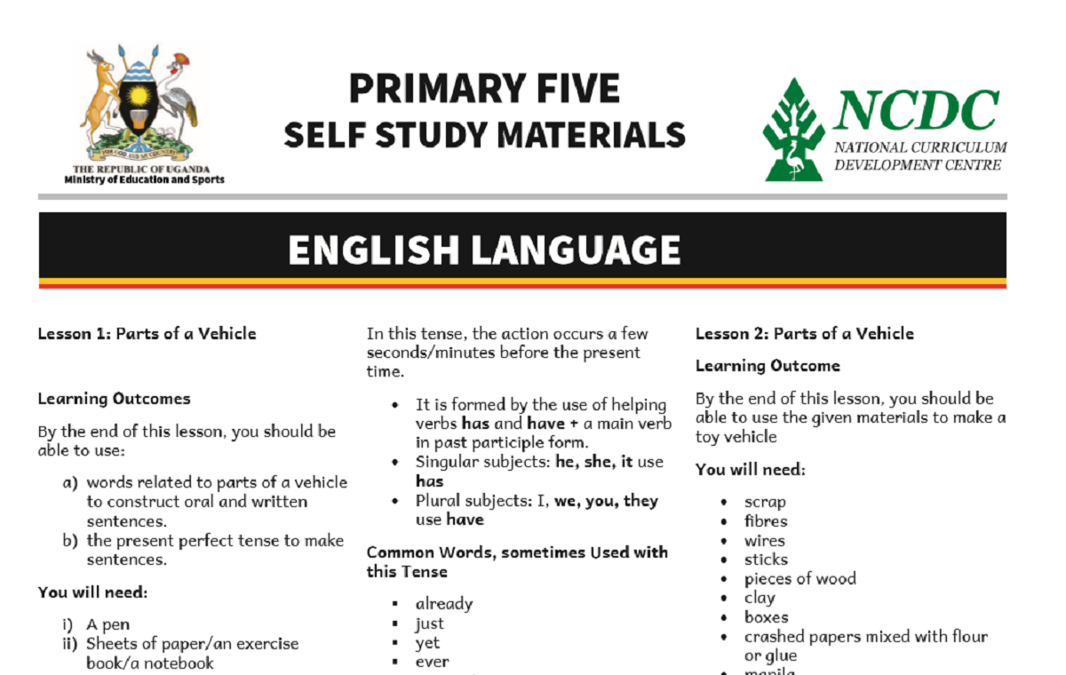 MINISTRY OF EDUCATION AND SPORTS/NCDC, PRIMARY FIVE SELF STUDY MATERIALS 1