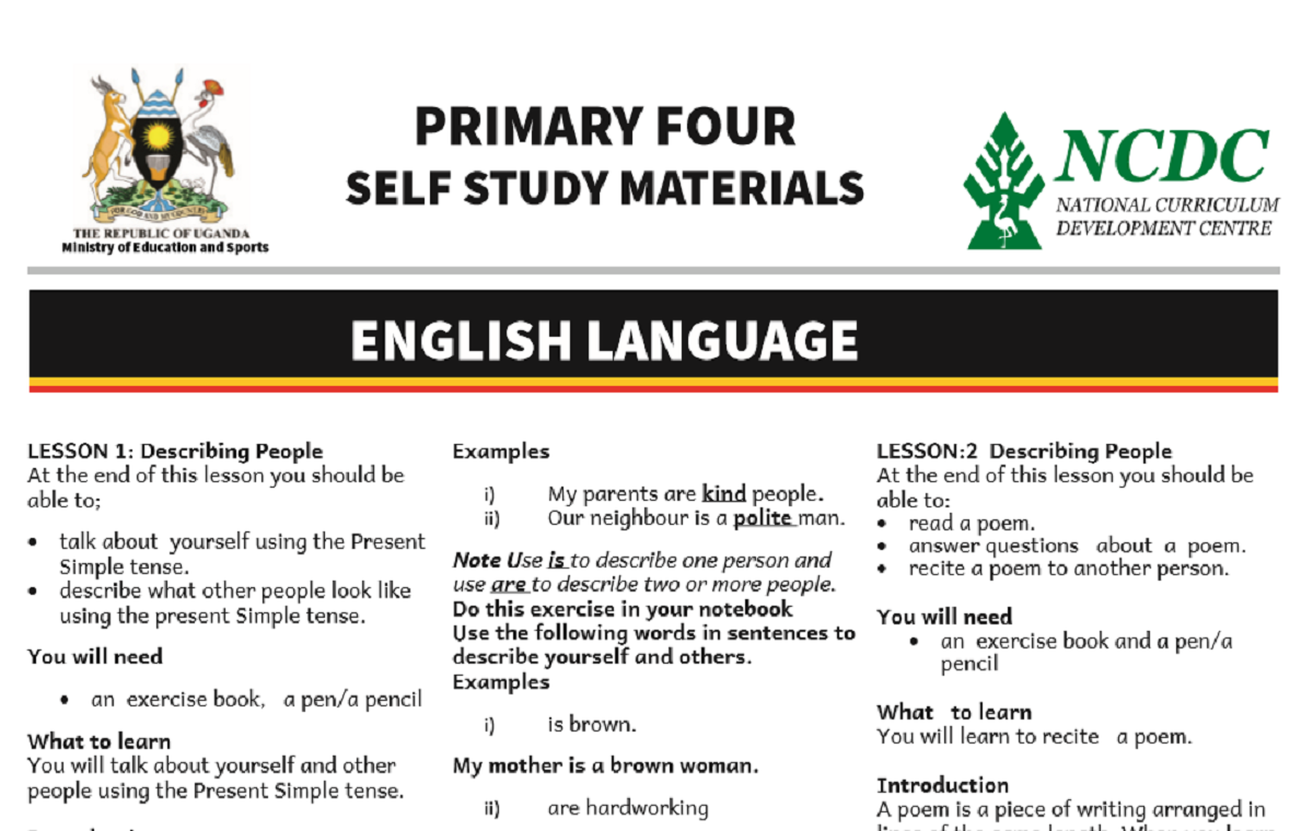 MINISTRY OF EDUCATION AND SPORTS/NCDC, PRIMARY FOUR SELF STUDY MATERIALS 1